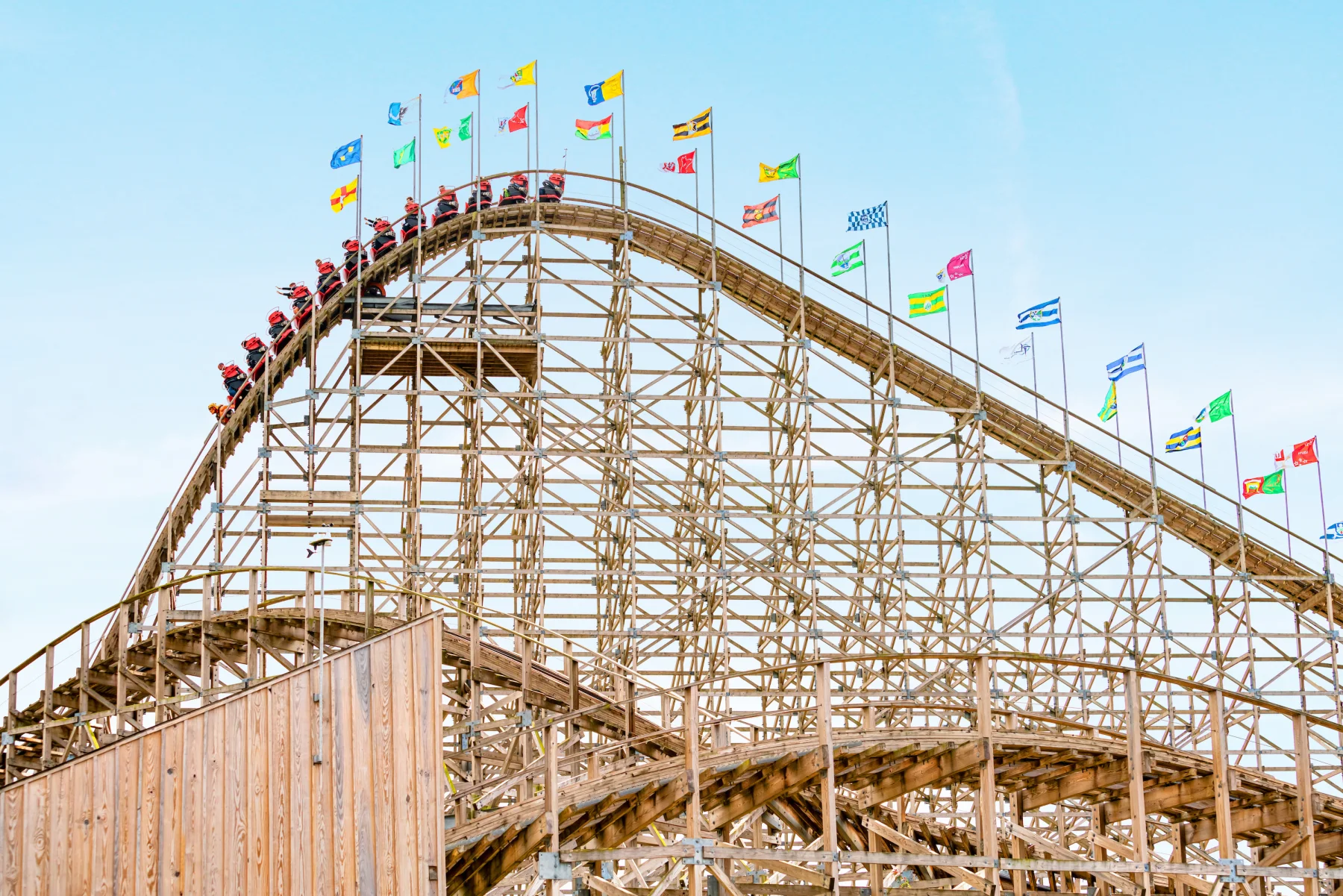 Emerald Park wooden rollercoaster under a bright summer sky