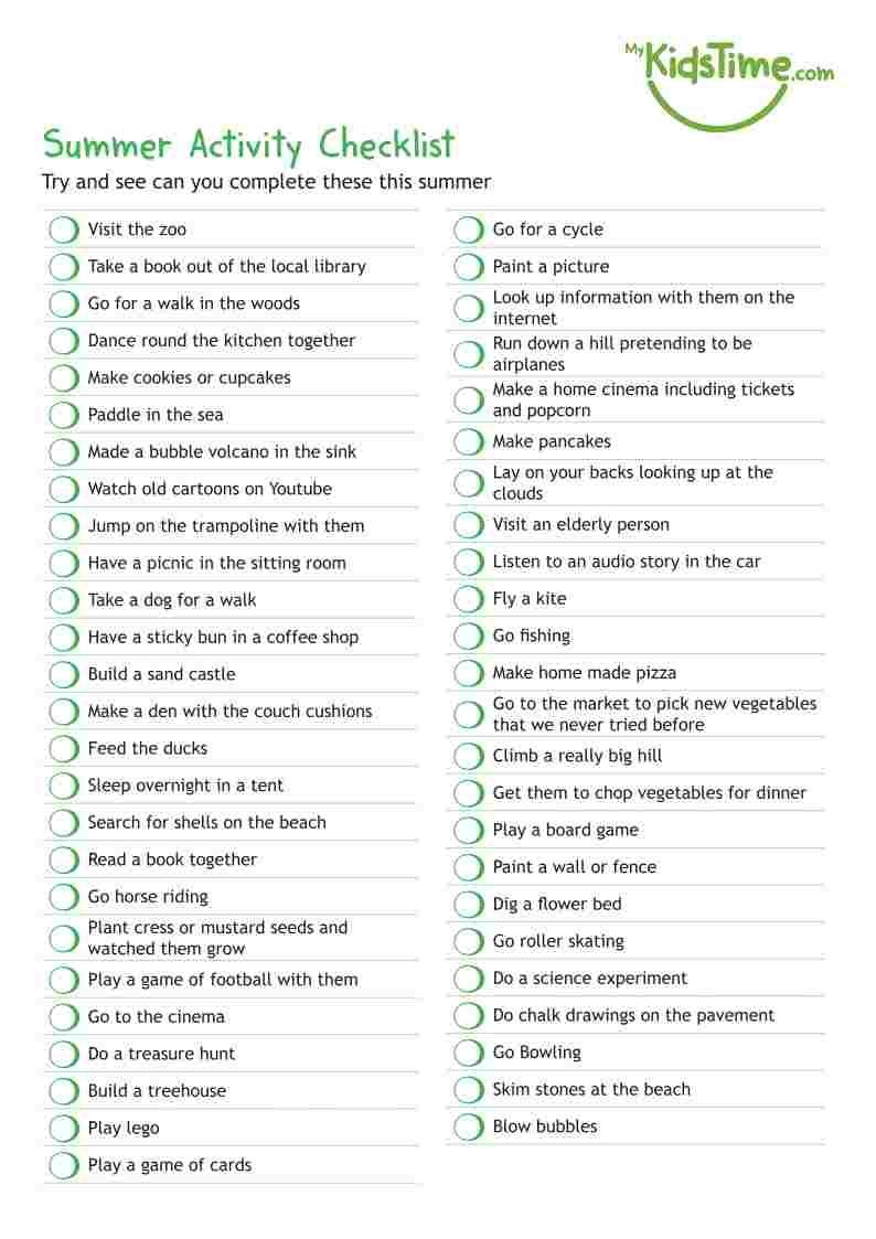 summer activities for kids checklist